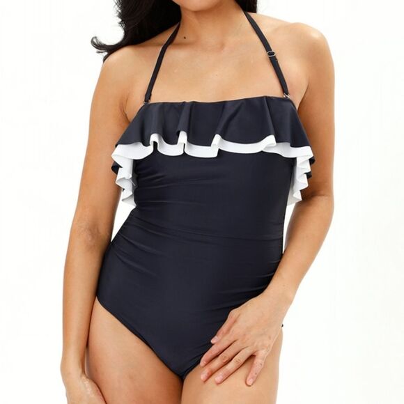 Tommy Hilfiger Size 12 black off-shoulder bandeau halter One Piece Swimsuit - Picture 1 of 8